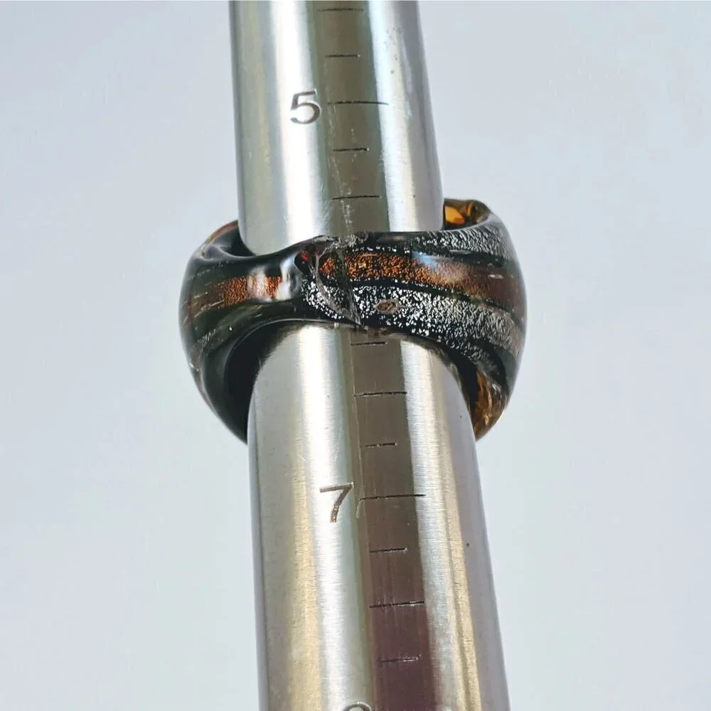 Vintage Brown Silver & Black Stripes Art Glass Domed Shimmery Wide Chunky Ring